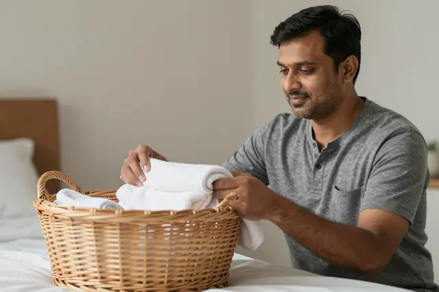 A South Asian man folds white towels next to a wicker laundry basket on a sunlit bedroom bed