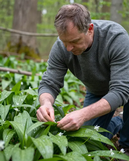 A middle aged man kneels to harvest wild garlic in a damp spring woodland