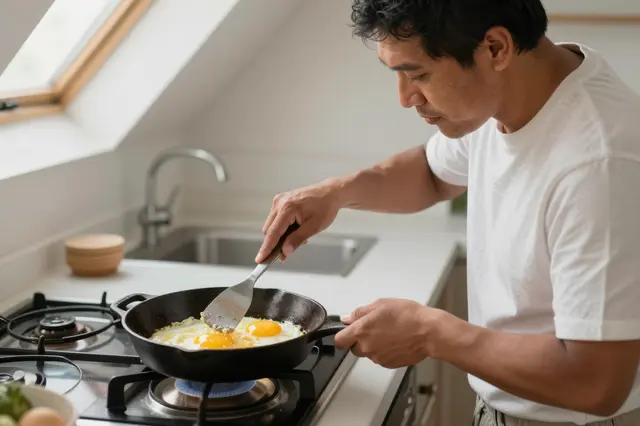 A man cooks fried eggs in a cast iron skillet in a bright sunlit kitchen.