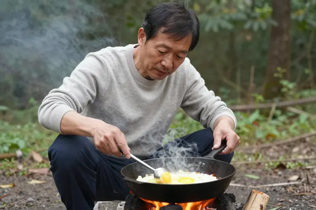 An older East Asian man cooks fried eggs in a cast iron pan over a small campfire in a forest clearing at morning.