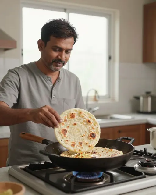 A South Asian man in his forties cooks flatbread in a cast iron pan on a gas stove by window light.