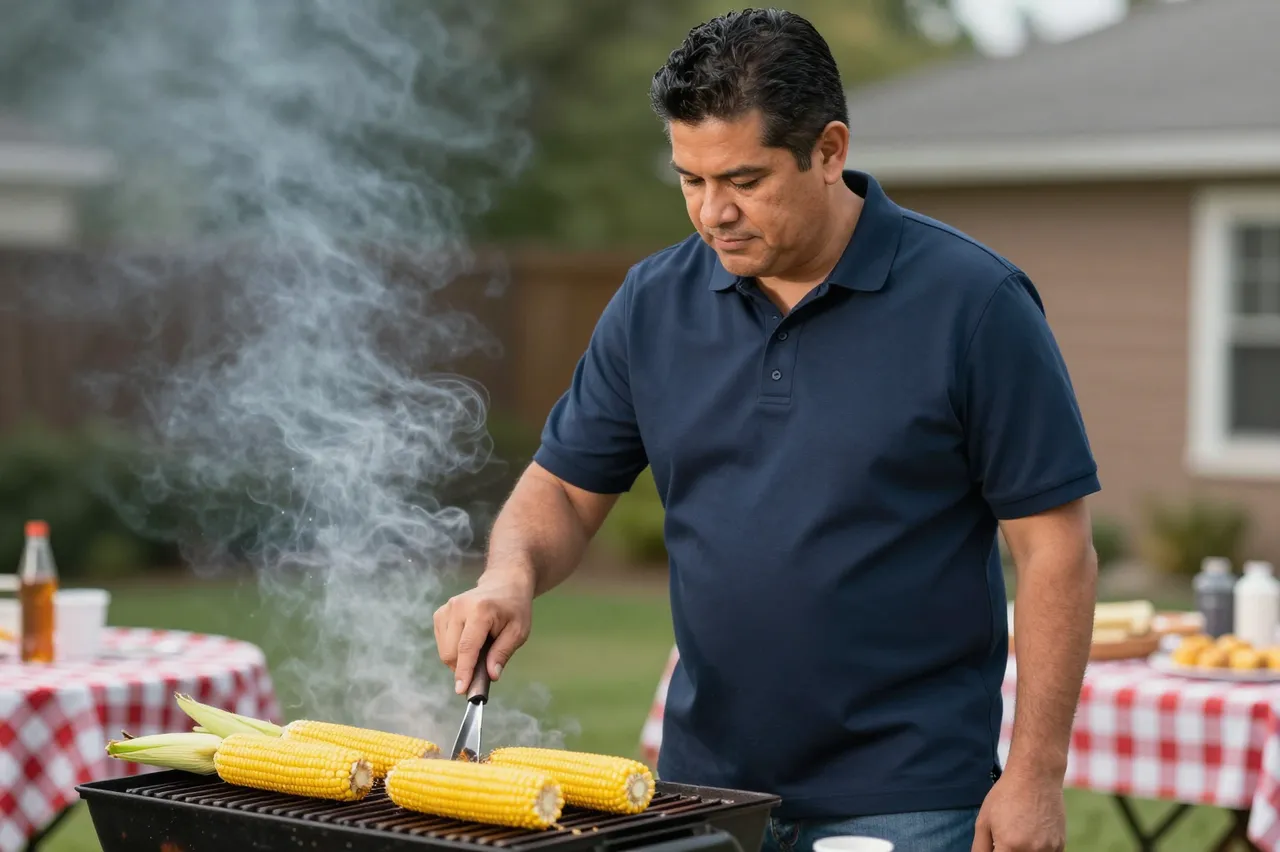 A middle aged Latino man in a navy polo cooks corn on the cob on a smoking backyard grill