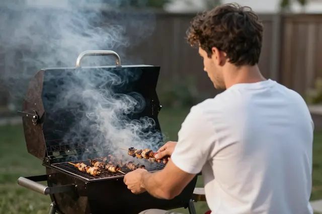 A man seen from behind tends a smoking charcoal grill with skewers in a backyard at dusk