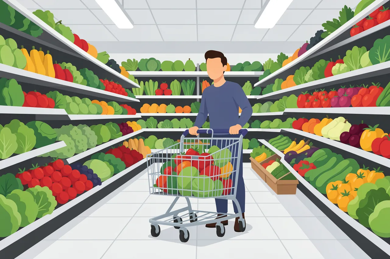 Faceless man pushes a shopping cart filled with fresh produce down a supermarket grocery aisle lined with vegetable shelves