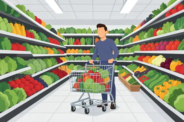 Faceless man pushes a shopping cart filled with fresh produce down a supermarket grocery aisle lined with vegetable shelves