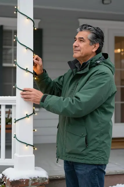 Senior Latino man wraps warm white Christmas lights around a snowy front porch column in a green jacket.