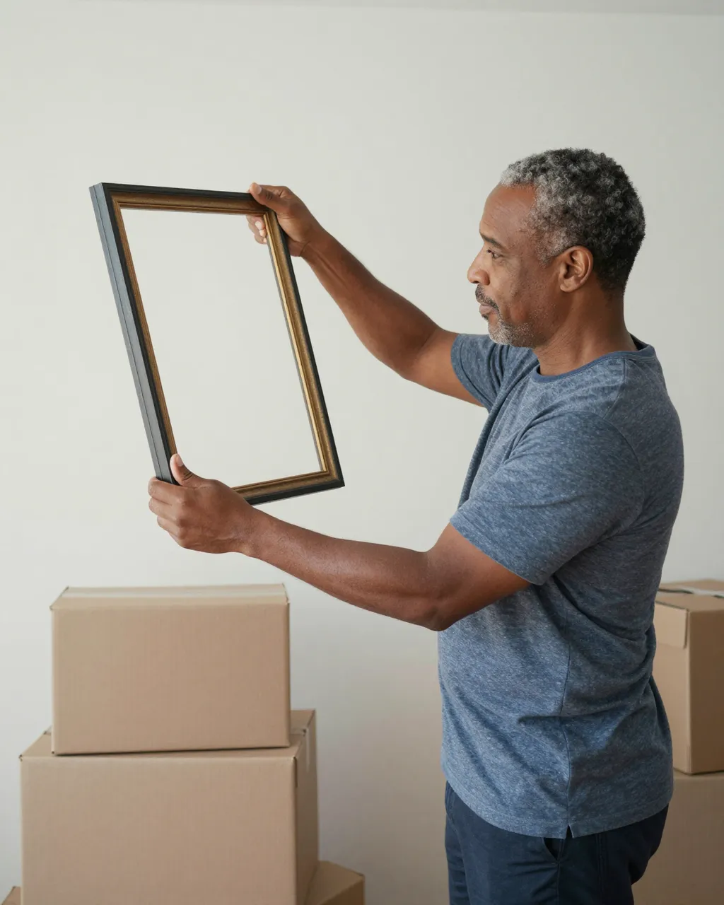 Mixed-race man in his fifties holds an empty picture frame next to stacked moving boxes against a plain wall