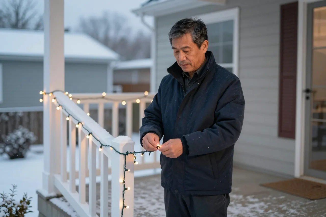 A middle aged Southeast Asian man adjusts string lights on a snow dusted front porch at dusk