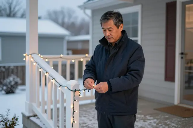 A middle aged Southeast Asian man adjusts string lights on a snow dusted front porch at dusk