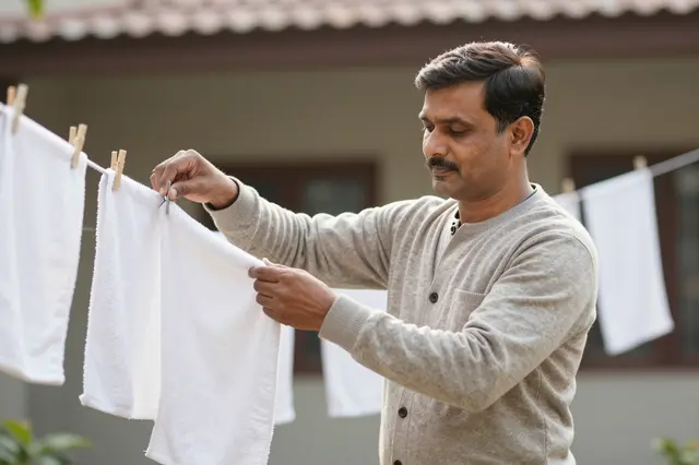 A South Asian man in a cardigan pegs a white towel to a clothesline in a sunny small courtyard.
