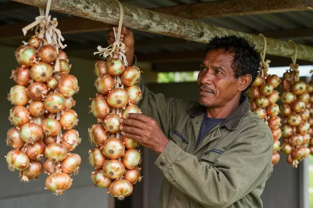A Pacific Islander man hangs bunches of curing onions from a wooden shed rafter.