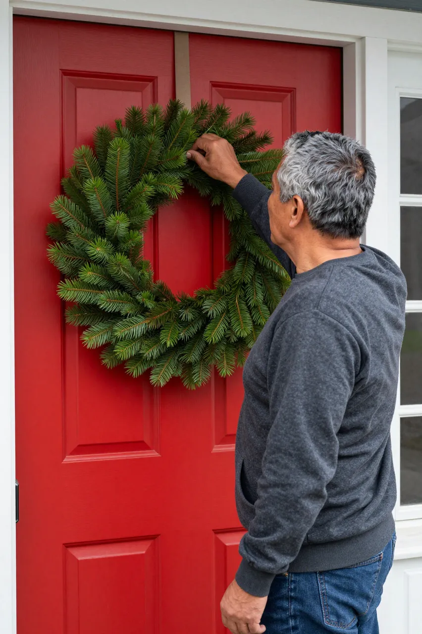 A middle-aged man in side view adjusts a fresh evergreen wreath on a bright red front door.