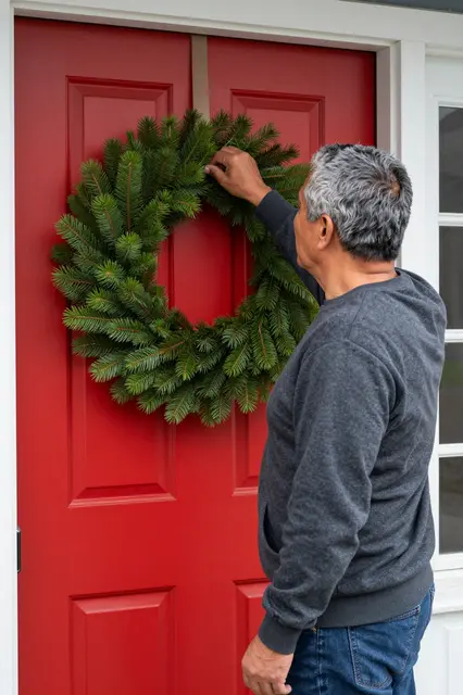 A middle-aged man in side view adjusts a fresh evergreen wreath on a bright red front door.