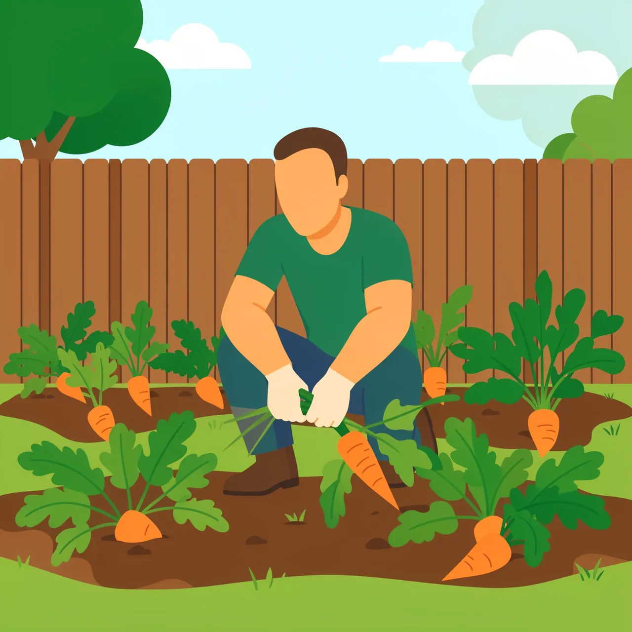 Faceless illustration of a man pulling carrots from a backyard garden bed