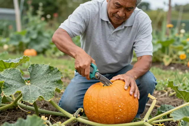Older Pacific Islander man uses pruning shears to cut a ripe pumpkin from its vine in a vegetable garden.
