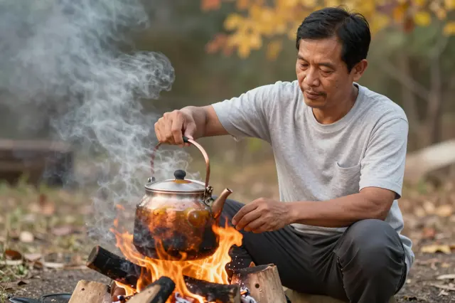A middle-aged Southeast Asian man holds a copper kettle over an outdoor campfire in autumn woodland.
