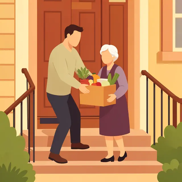 A man and an older woman hold a grocery box together on a home front porch