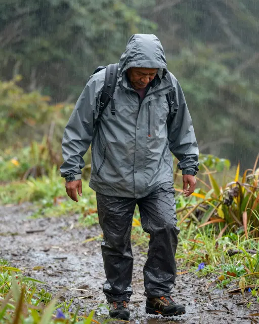 A senior Pacific Islander man hikes uphill on a muddy forest trail in heavy rain with his head bowed.