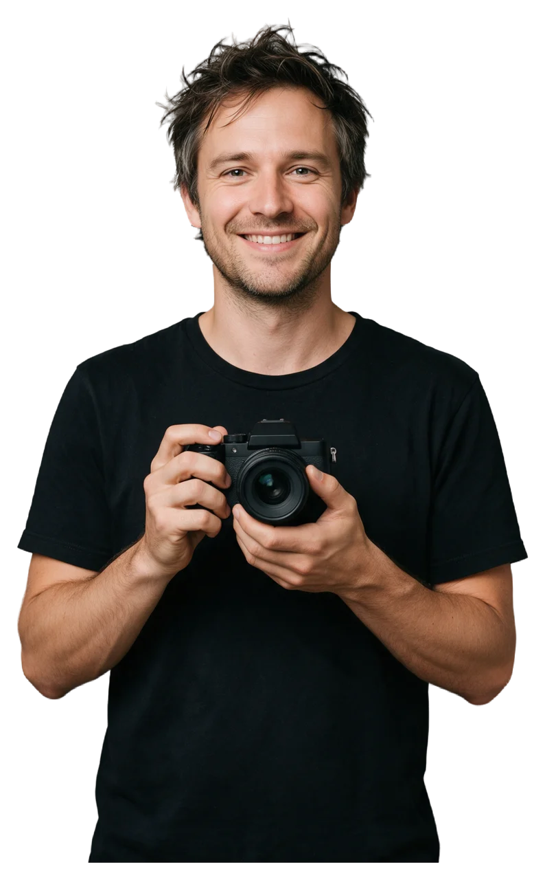 A relaxed man in a black t-shirt holds a camera at chest height and smiles at the viewer.