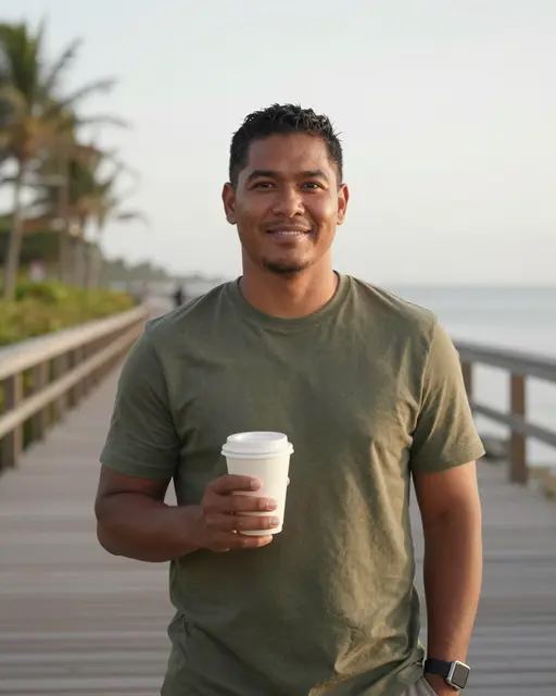 Pacific Islander man in an olive t-shirt holds a disposable coffee cup while standing on a seaside boardwalk at sunrise.