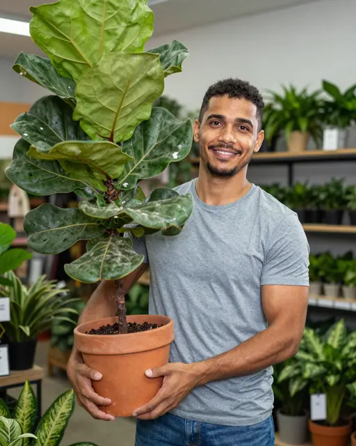 Smiling mixed-race man in his thirties holds a potted fiddle-leaf fig inside a plant store