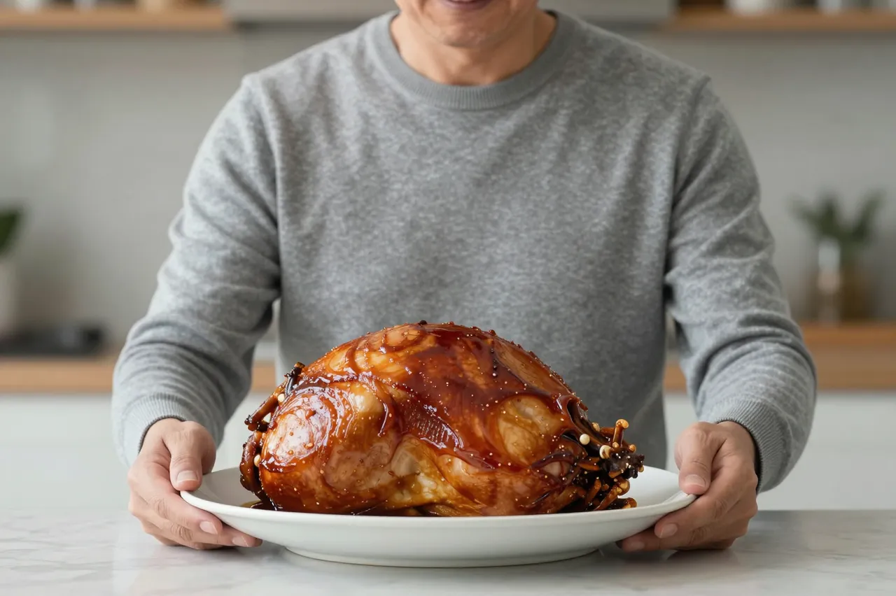 A mature man in a gray sweater holds a platter with a glazed roasted holiday main dish over a marble kitchen counter.