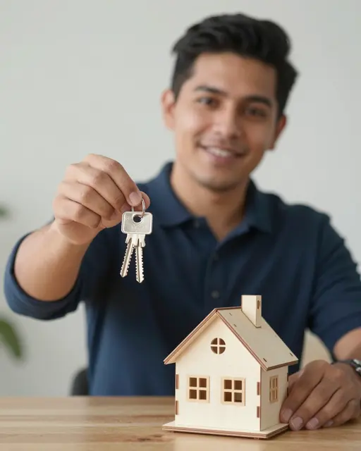 Smiling Latino man holds up new house keys beside a small wooden model house on a table