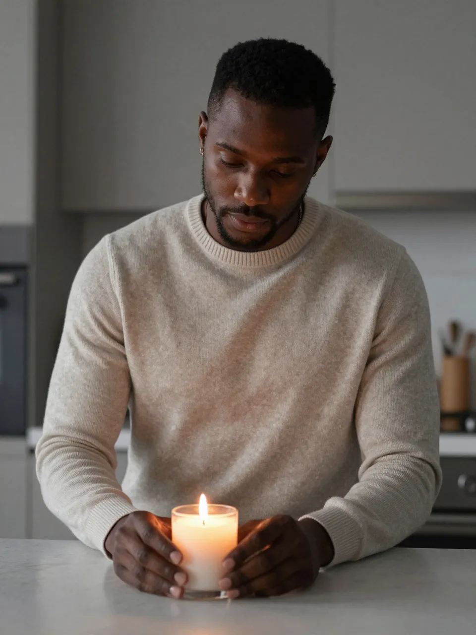 A Black man in a beige wool sweater rests his hands around a lit candle on a kitchen counter at dusk.