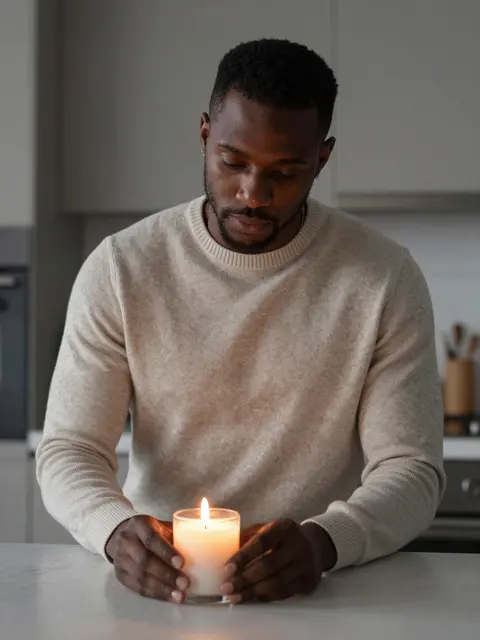 A Black man in a beige wool sweater rests his hands around a lit candle on a kitchen counter at dusk.