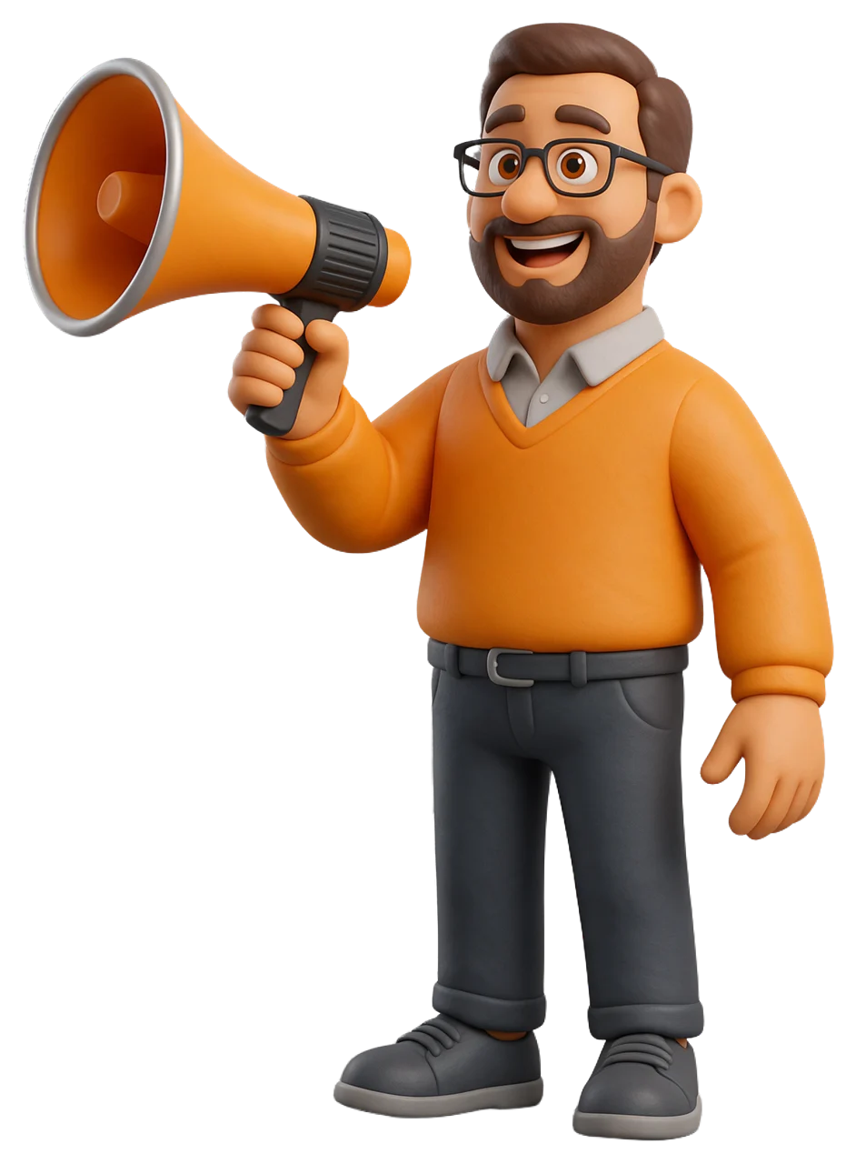 3D cartoon man with a beard and glasses holds an orange megaphone cheerfully