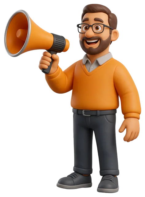 3D cartoon man with a beard and glasses holds an orange megaphone cheerfully