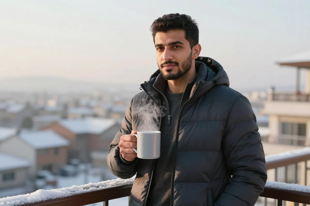 A Middle Eastern man in a puffer jacket holds a steaming mug on a snowy balcony at sunrise overlooking a neighborhood.