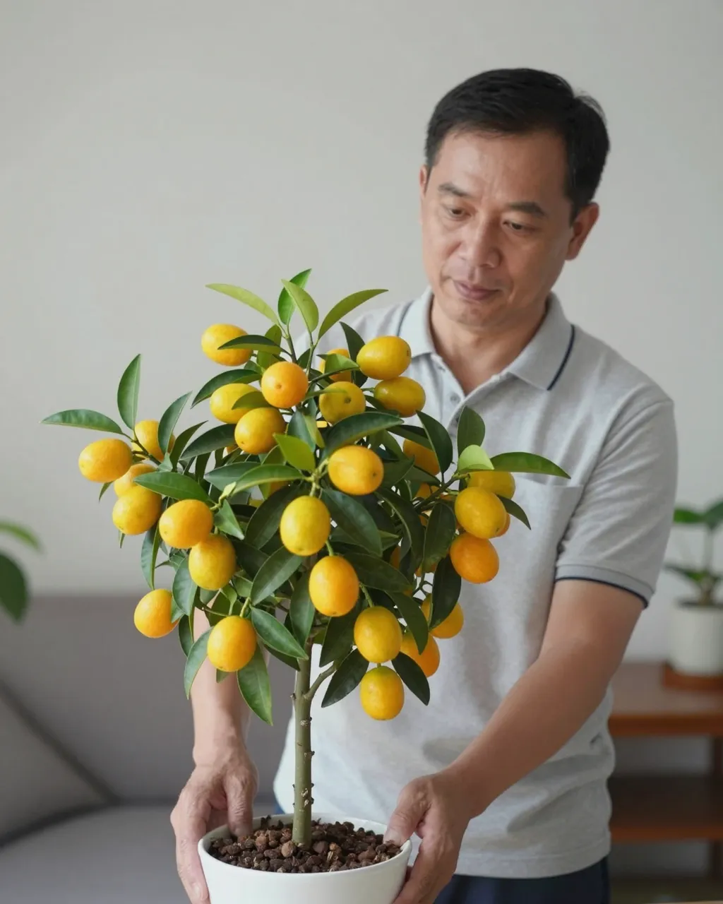 A middle aged Southeast Asian man holds a potted kumquat tree heavy with ripe fruit in a bright living room