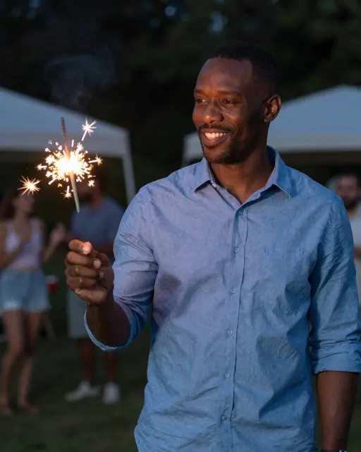 Smiling Black man in a blue shirt holds a lit sparkler at a nighttime outdoor holiday gathering