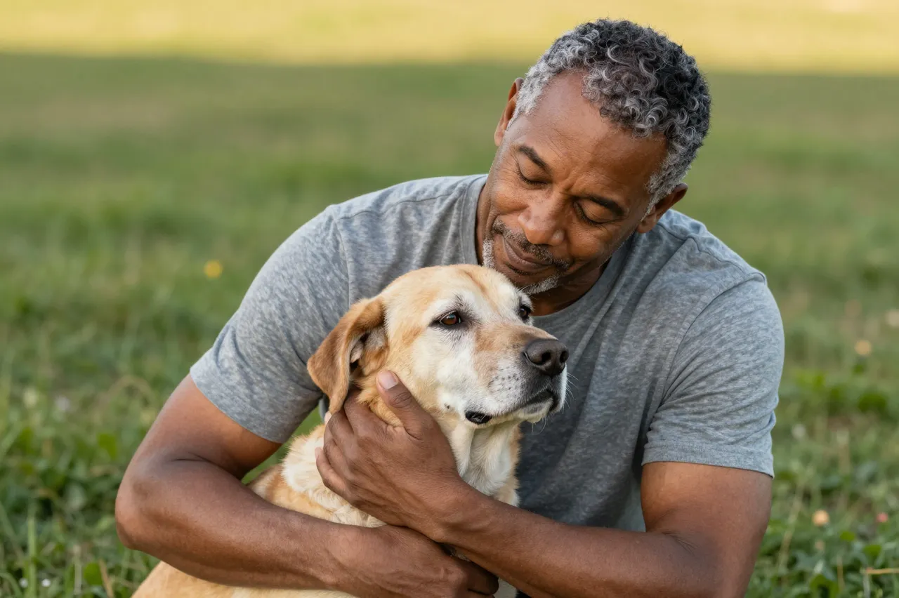 A mixed-race man in his fifties with closed eyes gently hugs an older yellow dog on grass in golden hour light