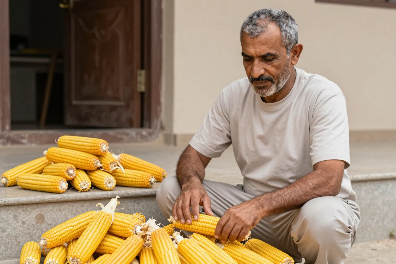 Middle Eastern man in his fifties husks sweet corn while seated on home back steps with piles of corn beside him