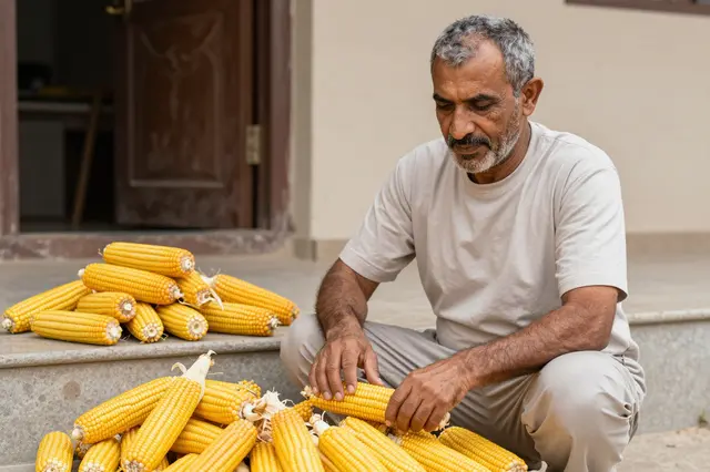 Middle Eastern man in his fifties husks sweet corn while seated on home back steps with piles of corn beside him