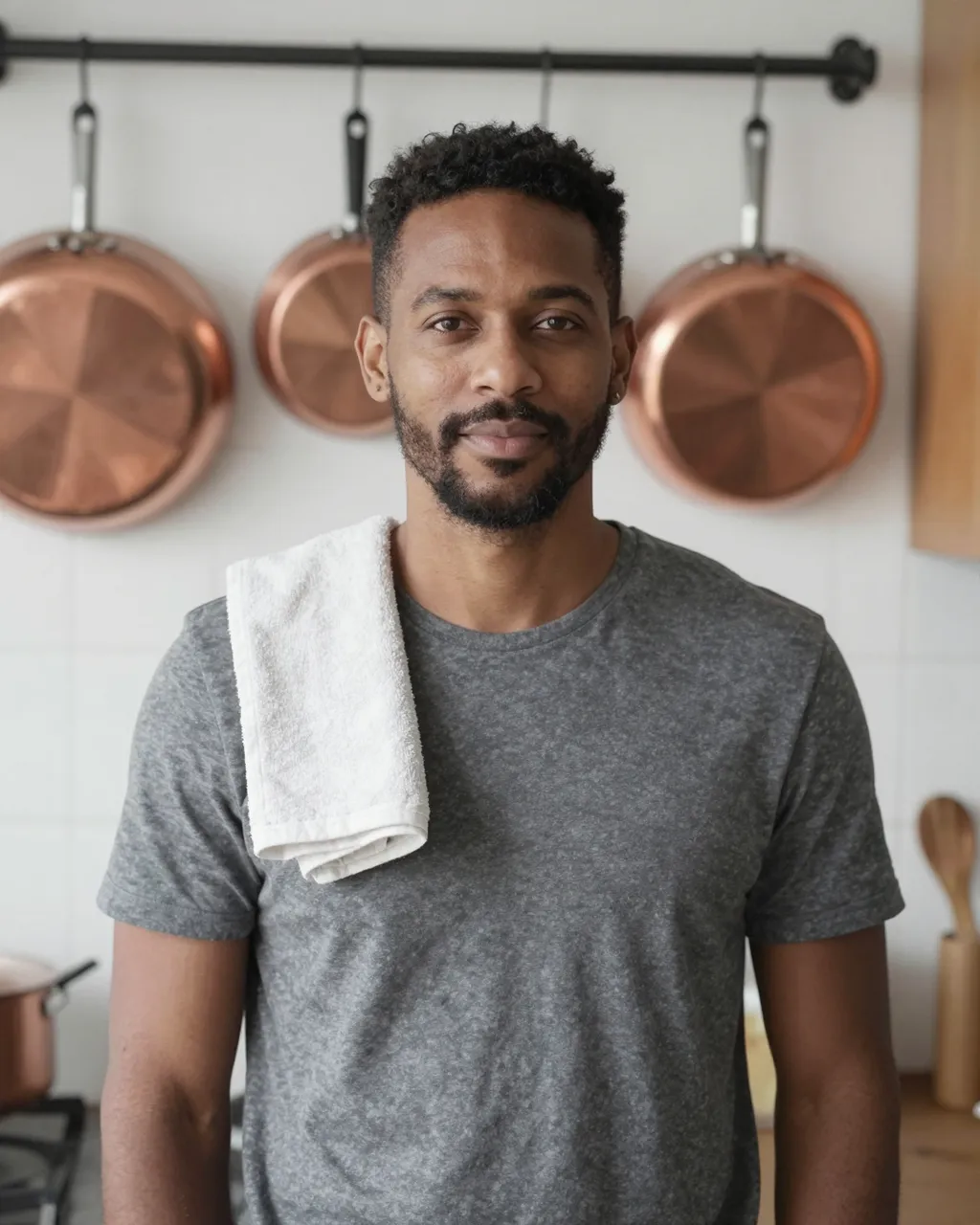 A mixed-race man in his thirties stands in a kitchen with a dish towel over his shoulder and copper pans behind him