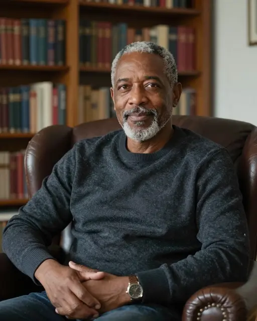 Mixed-race older man sits calmly in a brown leather armchair in front of soft-focus library bookshelves