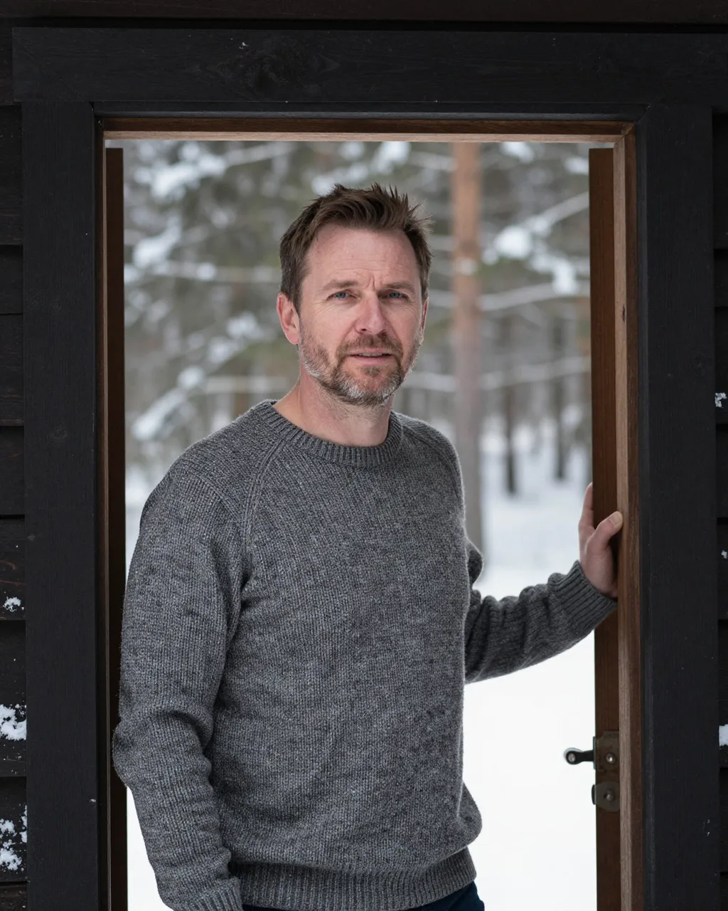 Middle aged man in a wool sweater stands in his cabin doorway overlooking a snowy forest