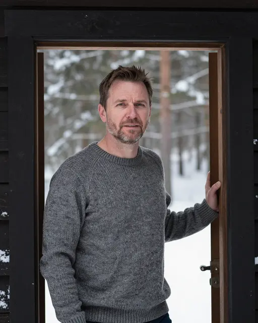 Middle aged man in a wool sweater stands in his cabin doorway overlooking a snowy forest