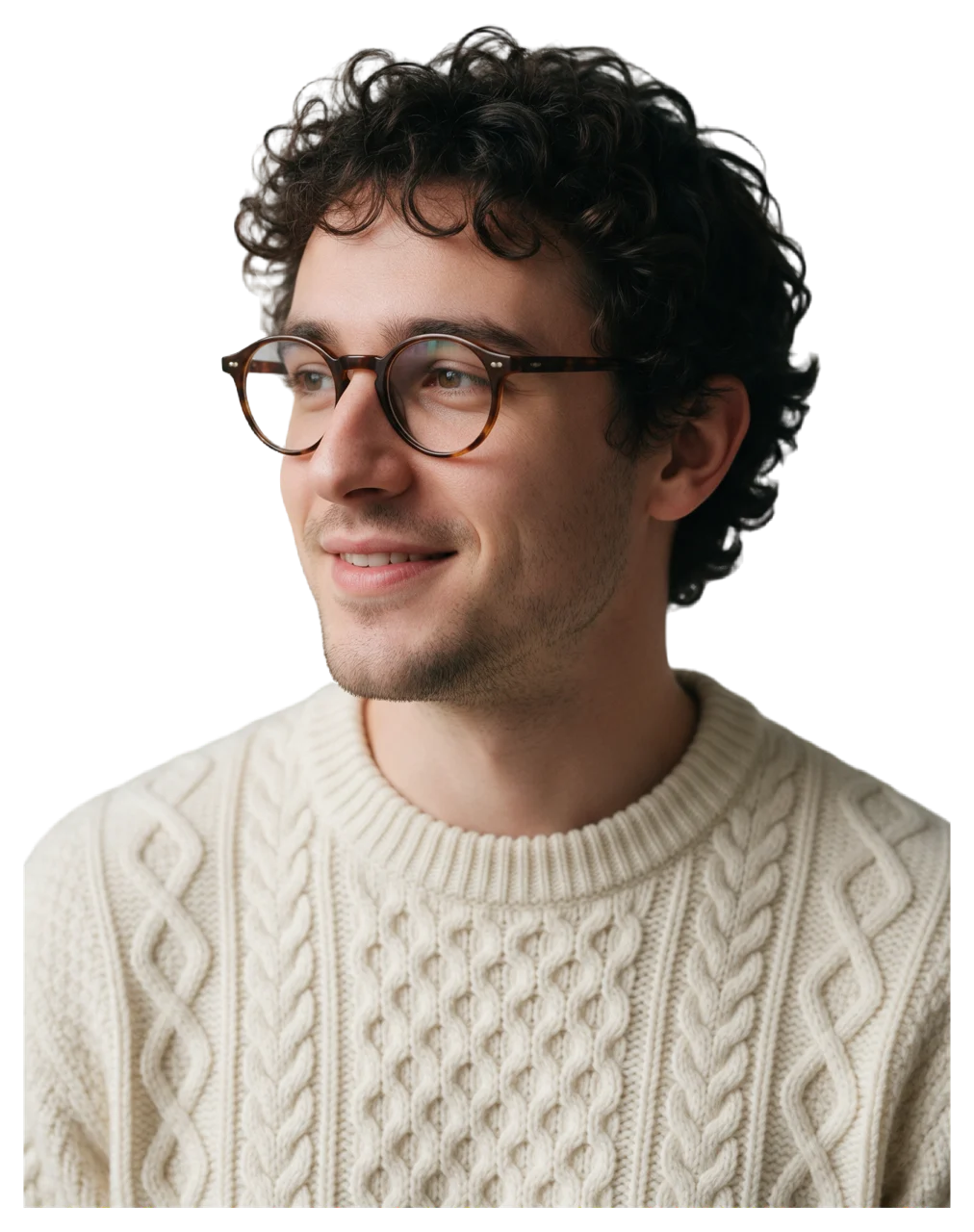 Bust portrait of a young man with curly dark hair, tortoiseshell glasses, and a soft slight smile