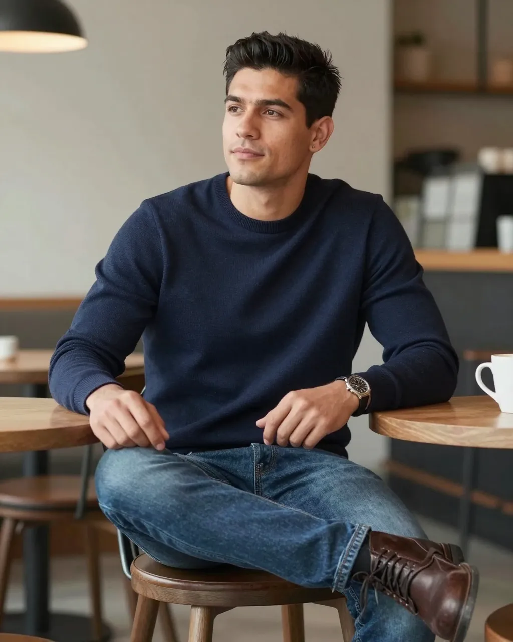 Thirties Latino man in a navy crewneck, jeans and boots sits thoughtfully in a bright cafe with a coffee mug nearby.