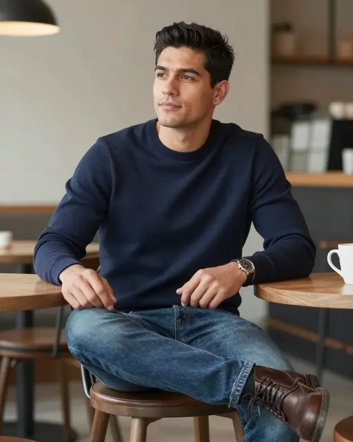 Thirties Latino man in a navy crewneck, jeans and boots sits thoughtfully in a bright cafe with a coffee mug nearby.