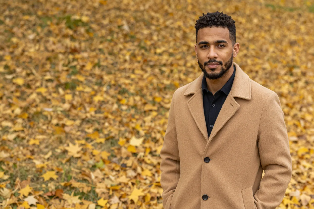A mixed-race man in a camel overcoat stands among golden fallen autumn leaves, with copy space to his left.