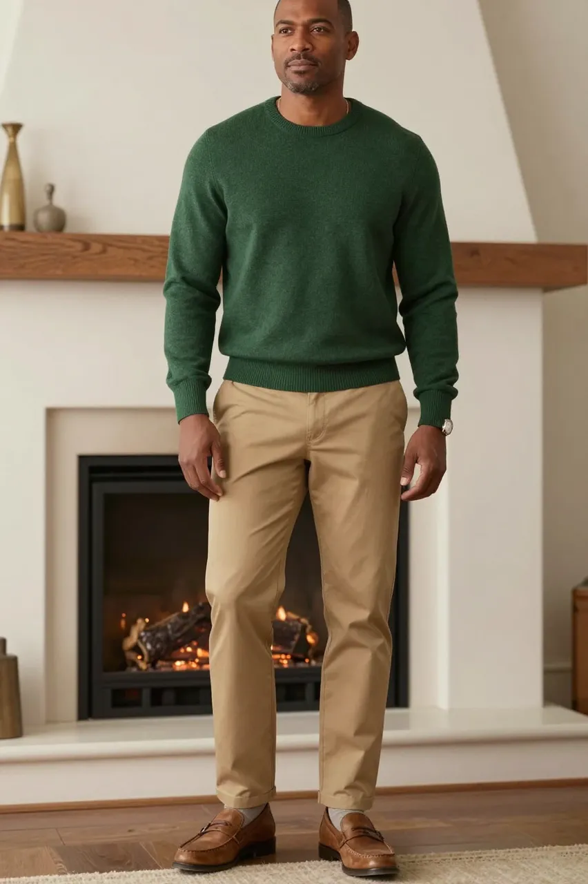 A mixed-race man in his forties stands wearing a green sweater, tan chinos and loafers in front of a lit fireplace