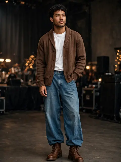 Late twenties mixed-race man stands in a concert venue wearing a brown cardigan, white tee, wide leg jeans and boots