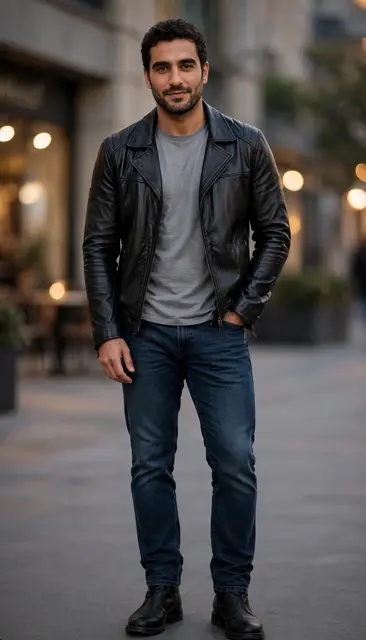 A Middle Eastern man in his thirties stands on a city sidewalk wearing a black leather jacket, gray t-shirt, jeans and boots.