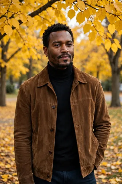 Black man in a suede jacket and turtleneck stands in a park with golden autumn trees