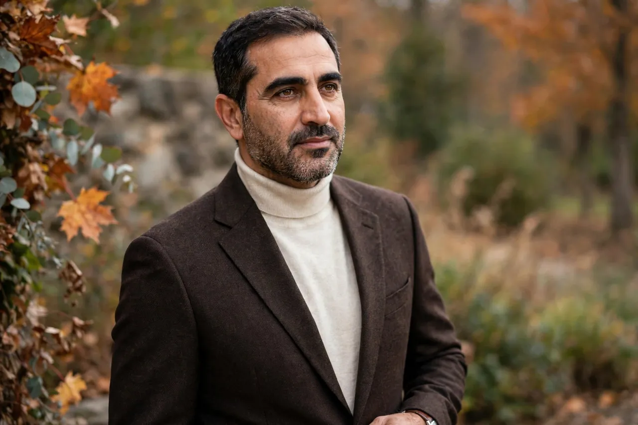 Middle Eastern man in his forties wears a brown suit and cream turtleneck standing outdoors in an autumn garden setting.